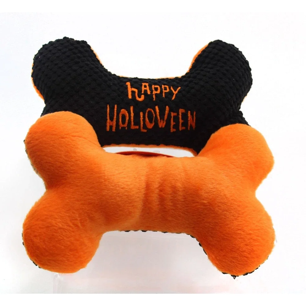 Happy Holloween Plush Dog Toy Bone Set Black Orange Textured Squeaky 2 Pack